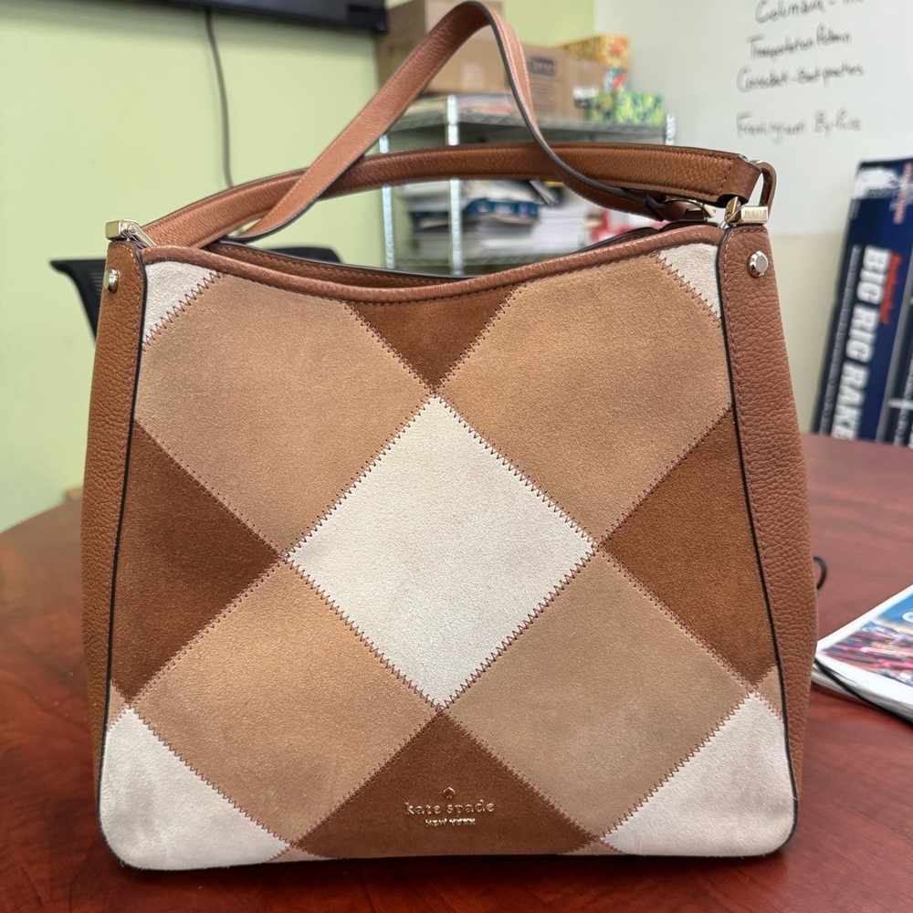 Kate Spade New York Leila North South Crossbody in Patchwork Suede warm ginger